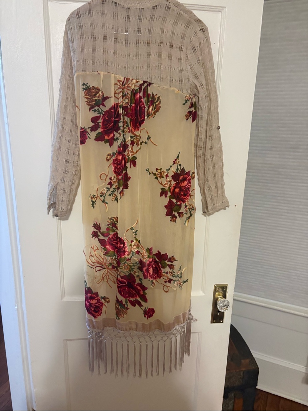 Aratta Beige Dress with Burgundy Floral Print and Fringe